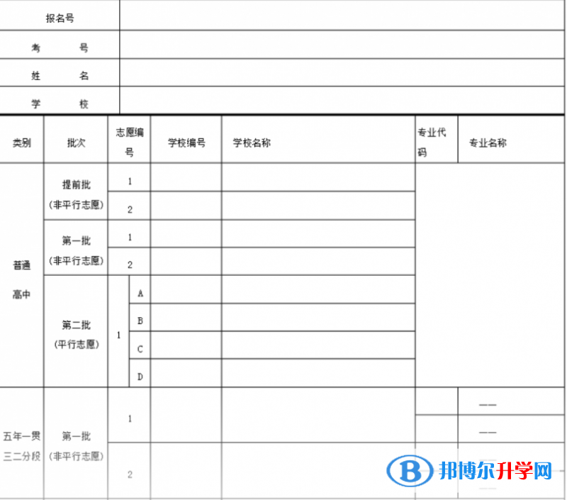 南充2022年中考志愿的样表